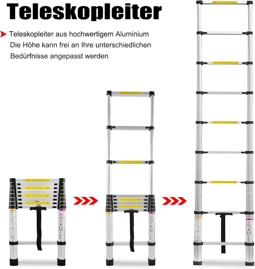 Scala telescopica da 2,6 m, in alluminio, allungabile, con 9 pioli, in alluminio, allungabile, per soffitti e magazzini, capacità di carico 150 kg, colore: argento