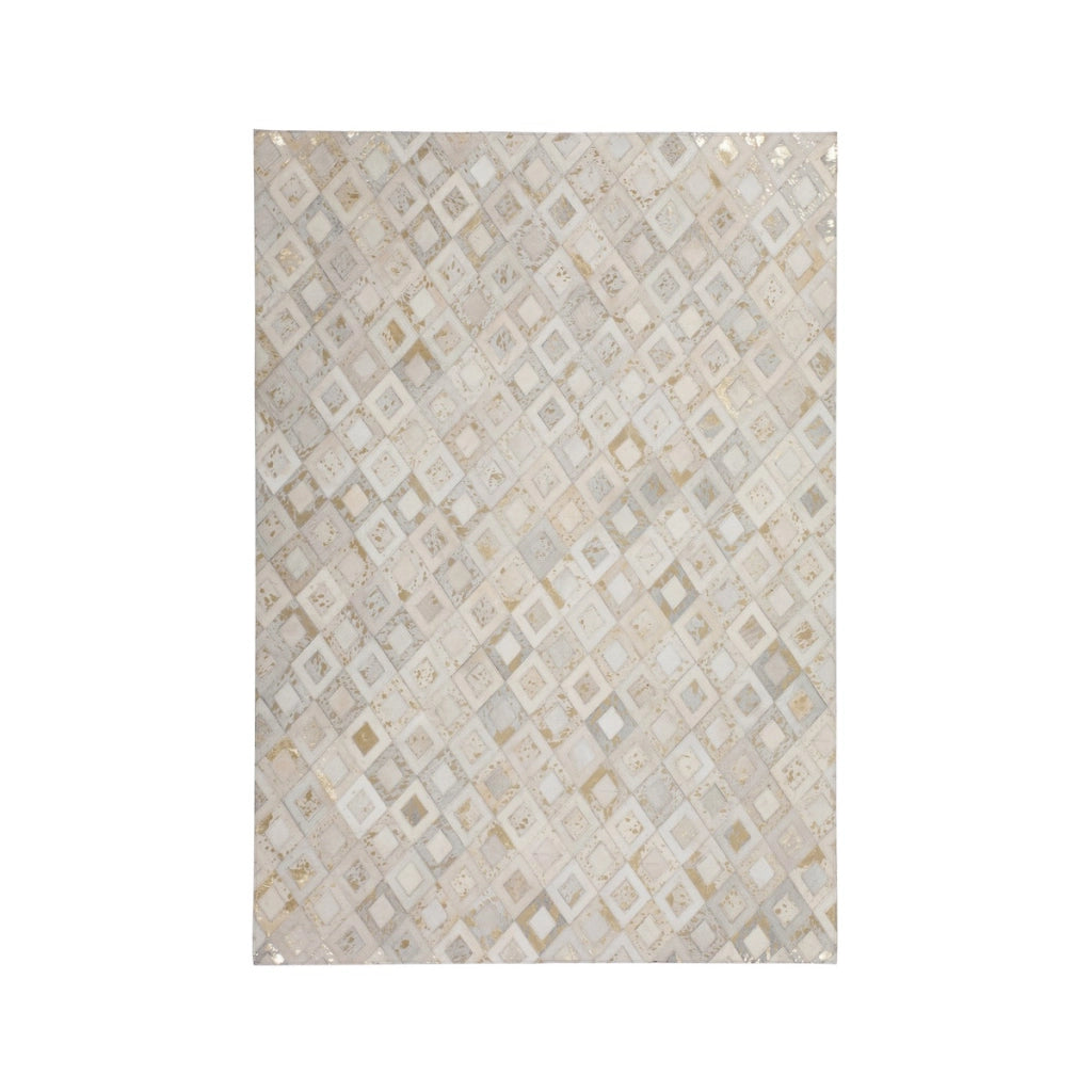 Tappeto Dazzle in Pelle Avorio e Oro con Motivo a Rombi