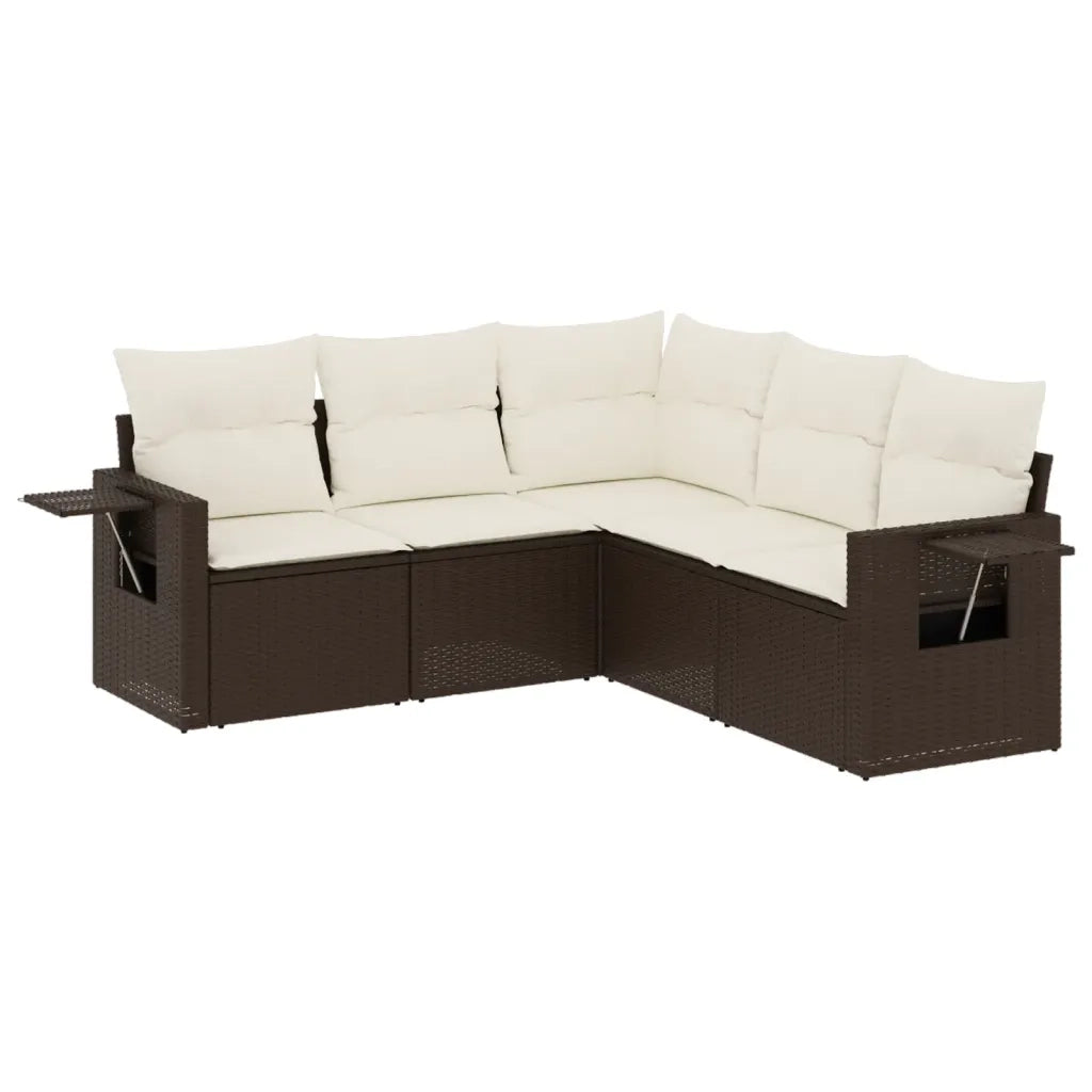 Set Divano da Giardino 5 pz | Set Salotto da Giardino con Cuscini Marrone in Polyrattan