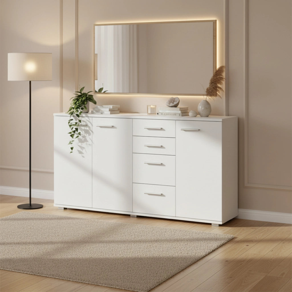 Commode FAUSKE - 4 Cassetti - 3 Ante - Bianco - Larghezza 138 cm, Altezza 74 cm, Profondit? 34 cm