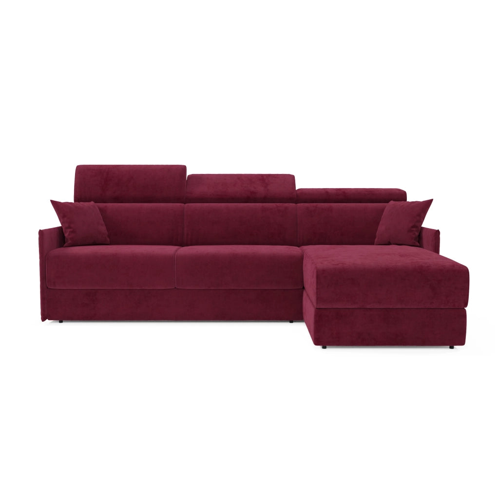Miryam divano letto angolare compatto - poggiatesta reclinabili e penisola contenitore in tessuto smacchiabile T31 232 cm sinistro vinaccia