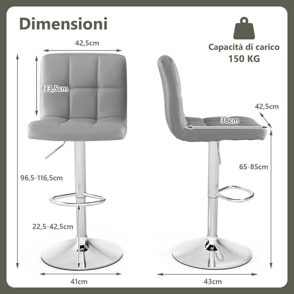 Sgabello Regolabile in Altezza in Ecopelle, Sgabello Cucina Girevole a 360° con Poggiapiedi e Base Metallica Antiscivolo, Sedia Portata 150 kg per Sala da Pranzo e Penisola Cucina (Grigio,1)