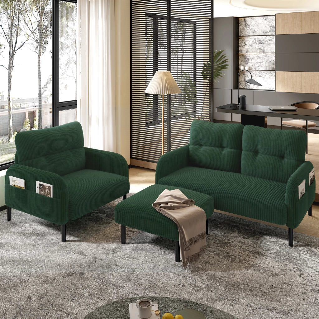DIVANO Set da 3 pezzi 2 posti, poltrona e pouf in cord verde smeraldo