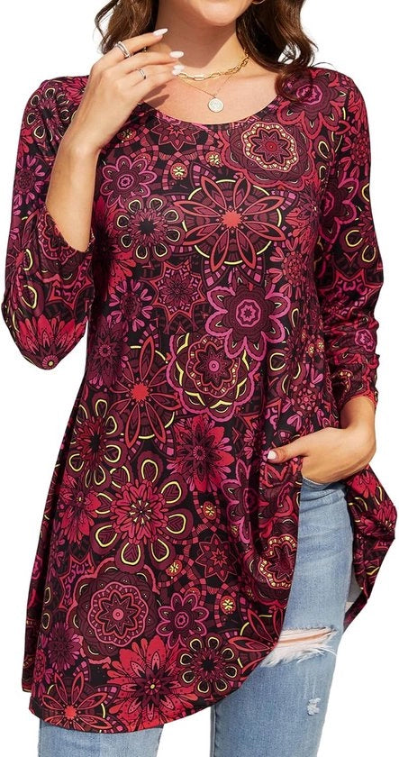 Tunica Grande con Disegno di Fiori per Donne - Camicia Comoda con Maniche 3/4