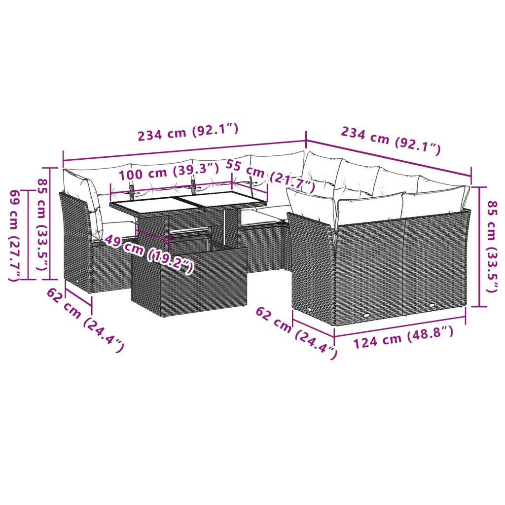 Set Divani da Giardino 9pz con Cuscini Marrone in Polyrattan 3266433