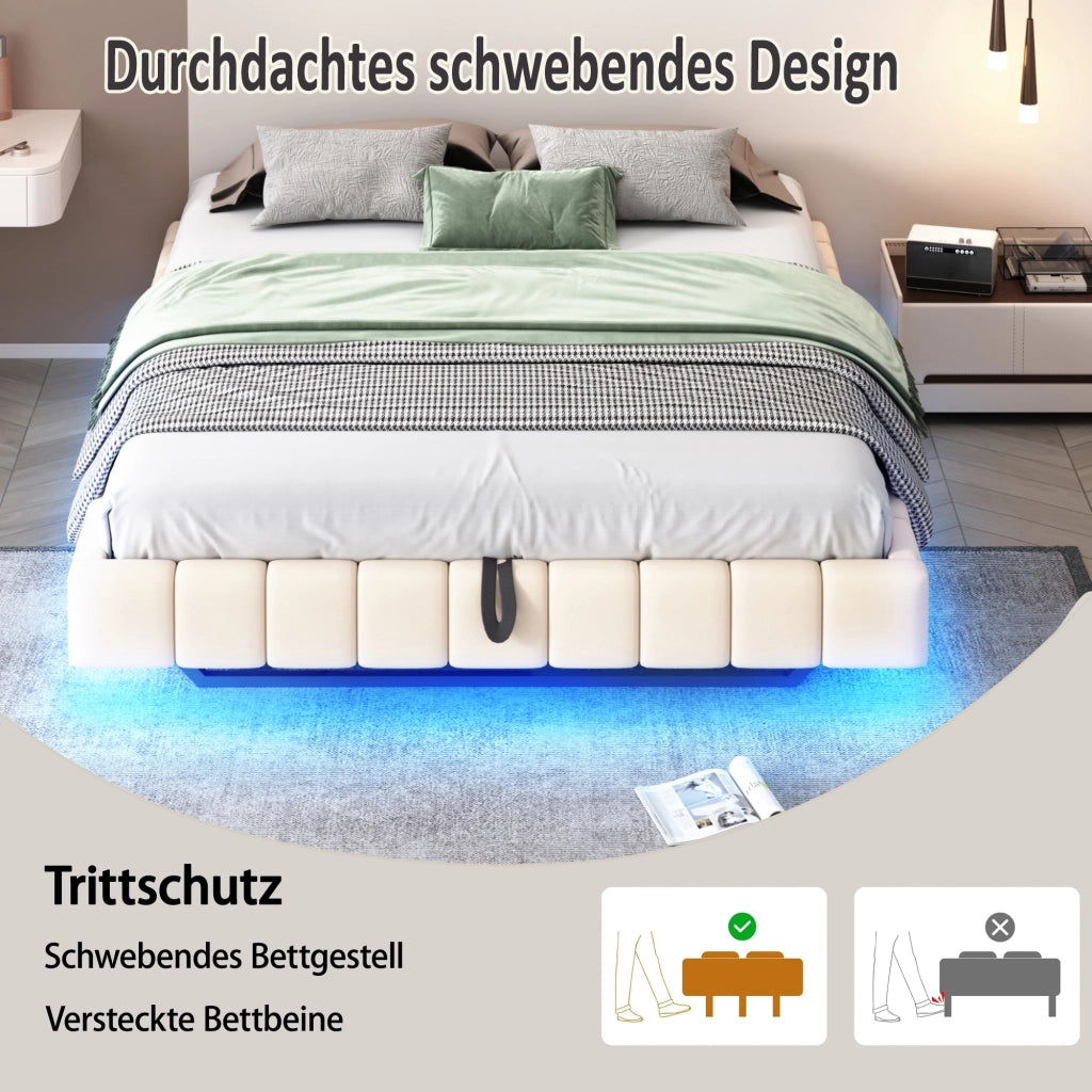 LETTO Imbottito Sospeso 180x200 cm Beige con LED e Contenitore