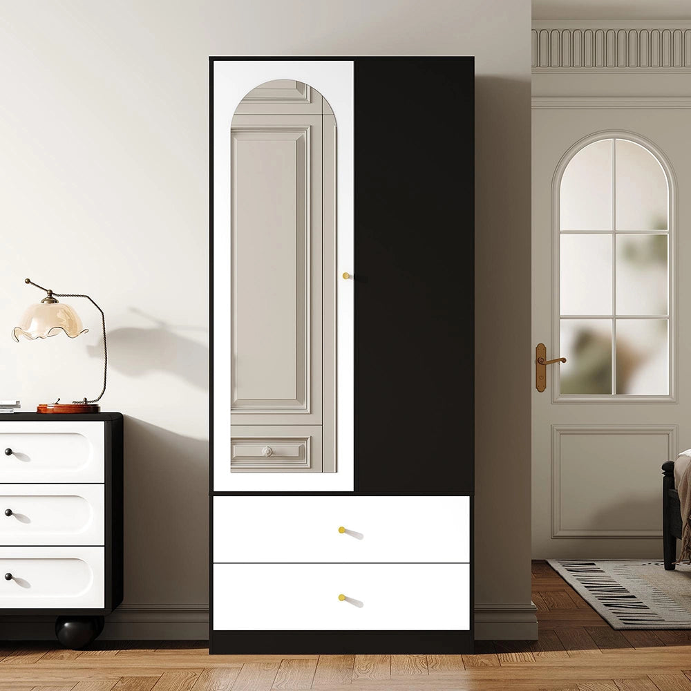 Armadio con specchio e porta - Xylo - 80x40x180 cm - Bianco e nero - 2 cassetti e 4 ripiani