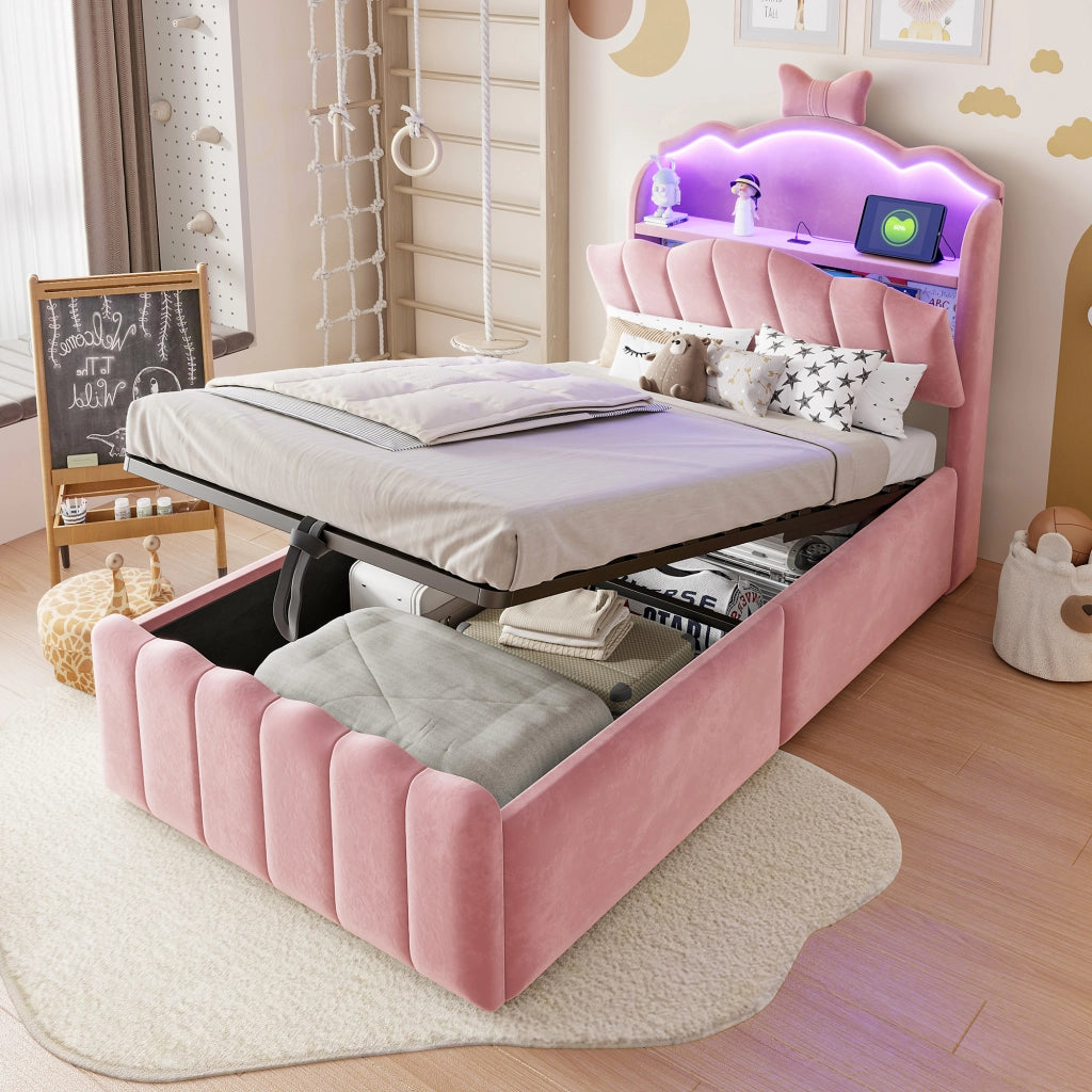 LETTO Contenitore 90x200 cm in velluto rosa con USB e LED