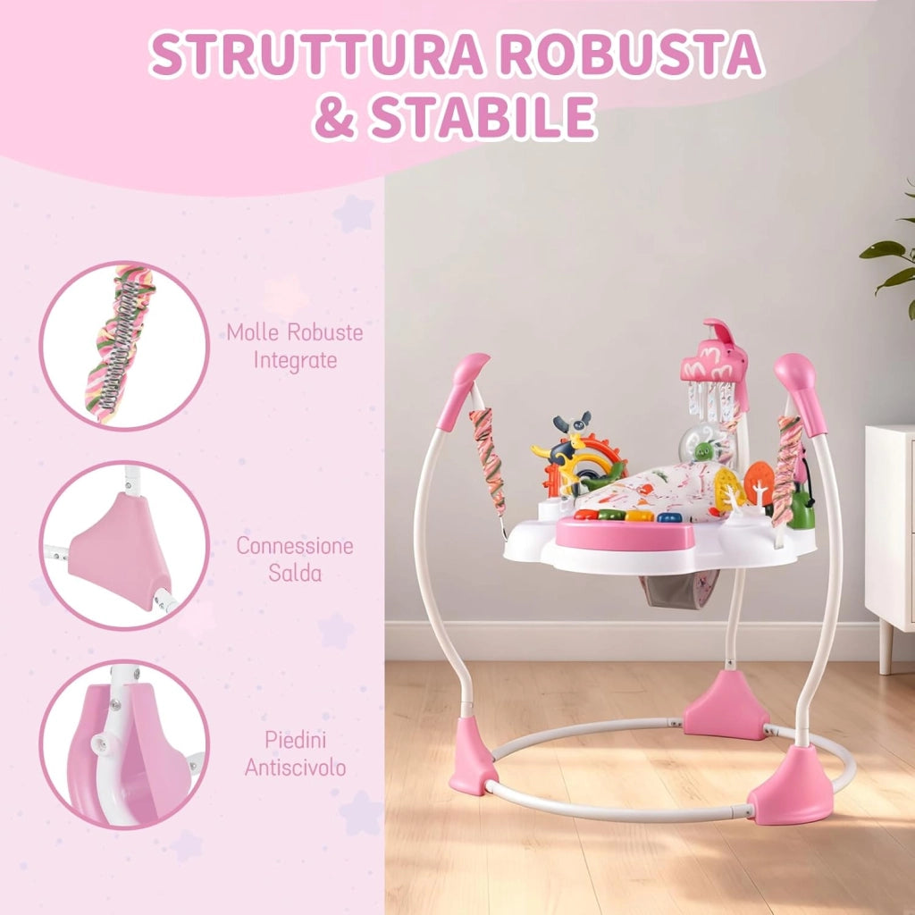 Jumperoo per Bambini, Saltarello Neonato con Altezza Regolabile, 6 Giocattoli Interattivi, Centro attività con Sedile Girevole a 360°, Gioco Saltellante con Suoni per Bambini 6+ Mesi (Rosa)