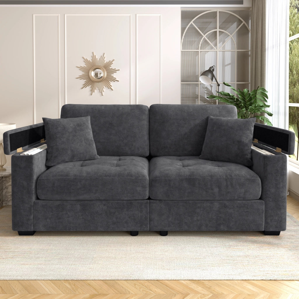 DIVANO 2 POSTI In Chenille Grigio Scuro con contenitore nei braccioli e 2 cuscini