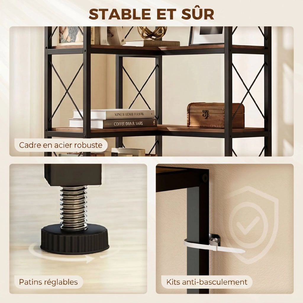 Libreria angolare 6 ripiani ¨C Xylo ¨C metallo marrone rustico 60x60x200cm
