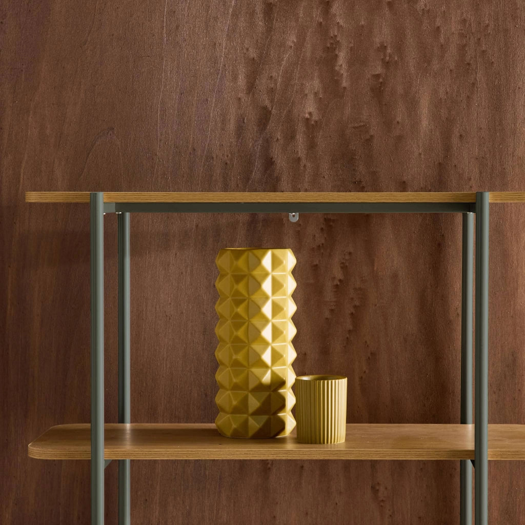 Libreria in metallo curvato e legno a 6 livelli, verde