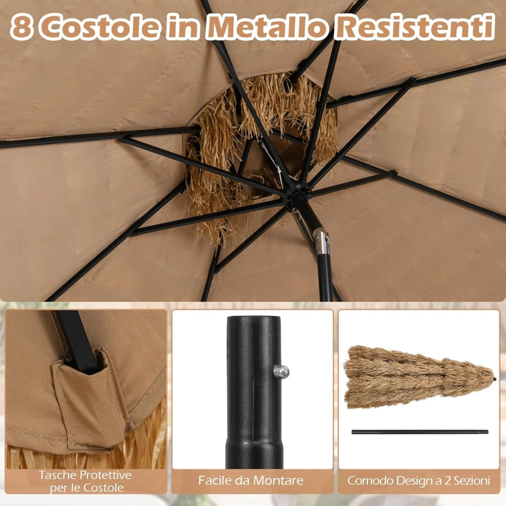 Ombrellone da Spiaggia 300 cm, Ombrellone Hawaiano in Paglia PE con 8 Stecche, Manovella Manuale, Inclinazione Regolabile, Ombrellone Portatile per Spiaggia, Patio