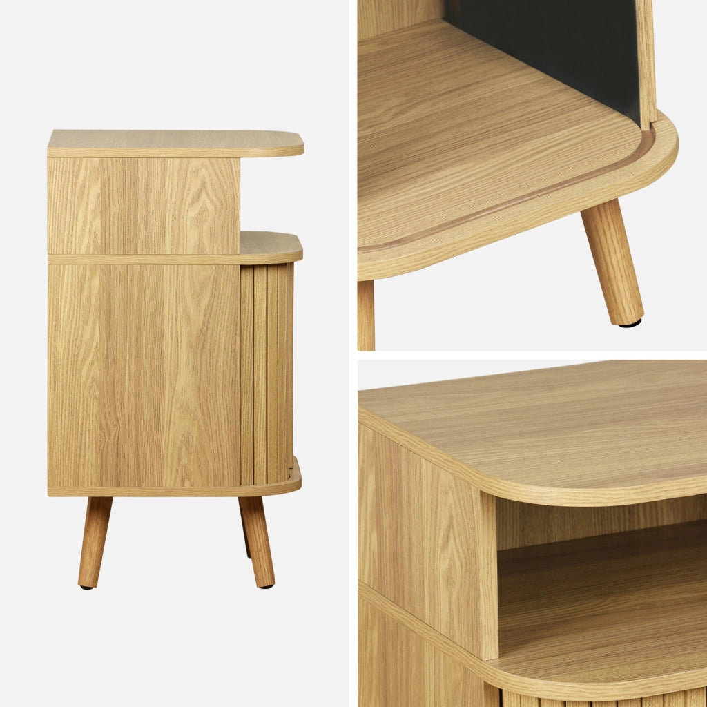 Comodino scandinavo decorazione legno 2 porte scorrevoli, marrone