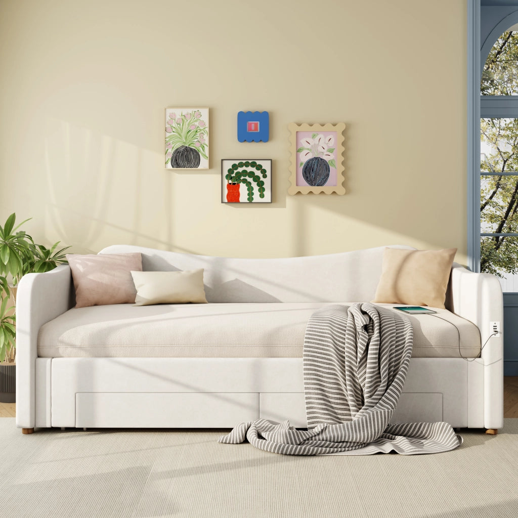 Letto Imbottito Contenitore con 2 Cassetti e USB ¨C MINIMAL ¨C Velluto Beige 90x200 cm