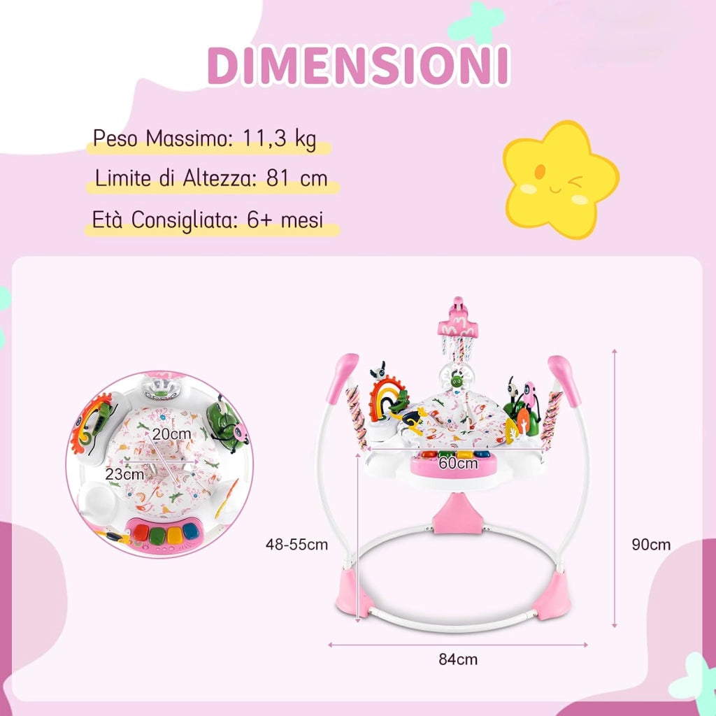 Jumperoo per Bambini, Saltarello Neonato con Altezza Regolabile, 6 Giocattoli Interattivi, Centro attività con Sedile Girevole a 360°, Gioco Saltellante con Suoni per Bambini 6+ Mesi (Rosa)