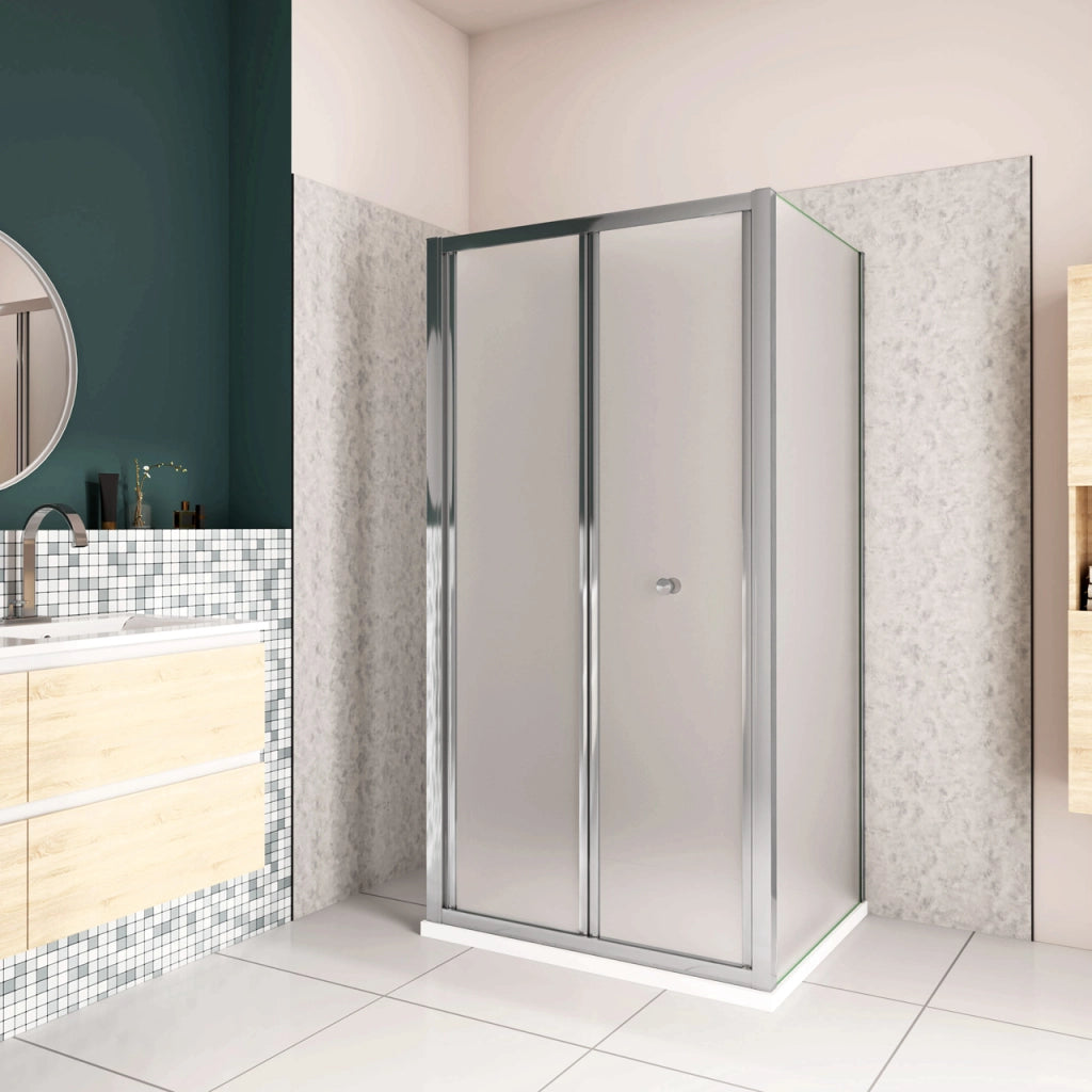 185cm Box Doccia a Tre Lati Porta a Soffietto 76cm con Doppia Parete Fissa 70x70cm in Vetro Temperato Satinato Opaco 5 mm Profilo Cromato Lucido
