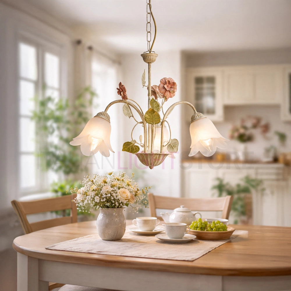SPRING Lampadario in Ferro Decorato a 3 Luci Stile Floreale