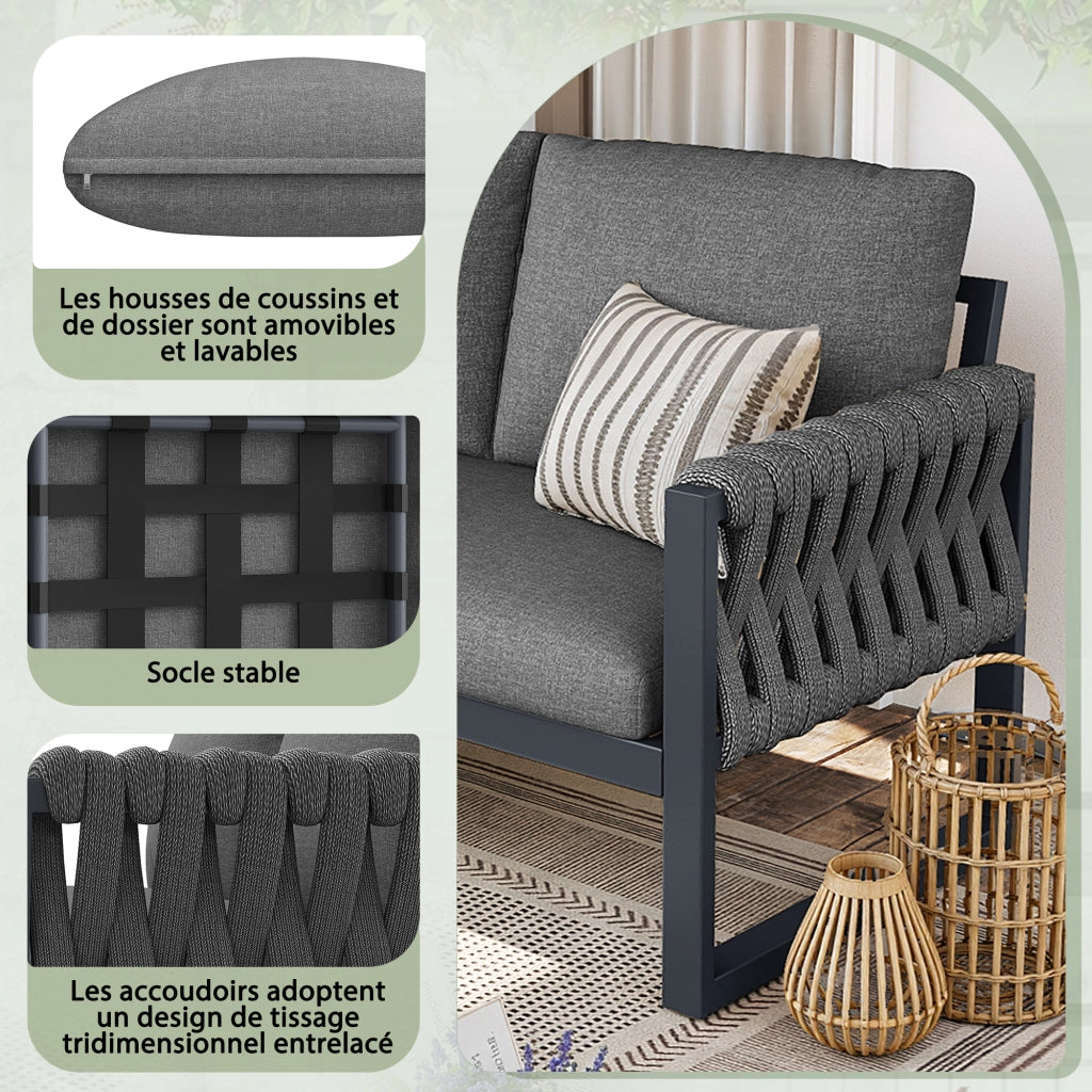 Set lounge da giardino per 5-6 persone modulare con 2 divani, 2 tavolini, olefin, grigio, cuscini sfoderabili
