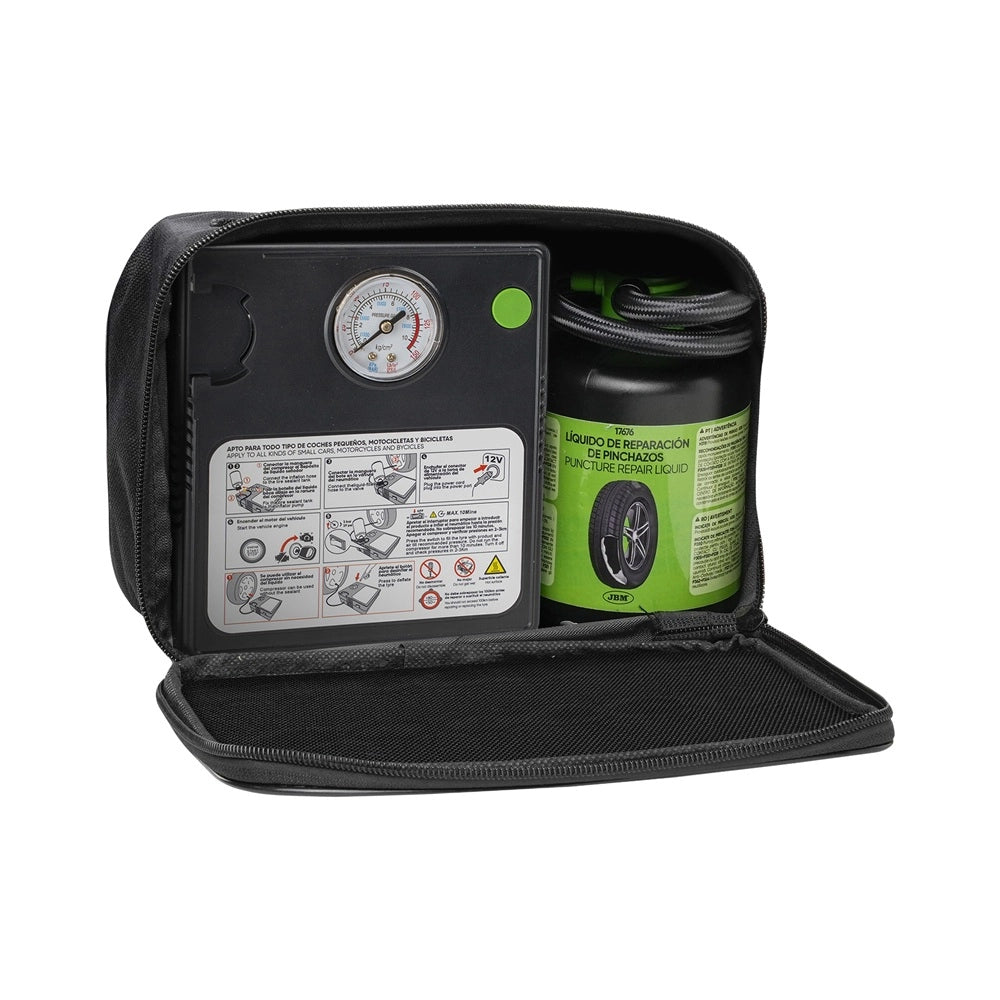 Kit riparazione pneumatici tubeless con compressore 12V e liquido sigillante, ripara forature fino a 6 mm e consente percorrenza fino a 100 km