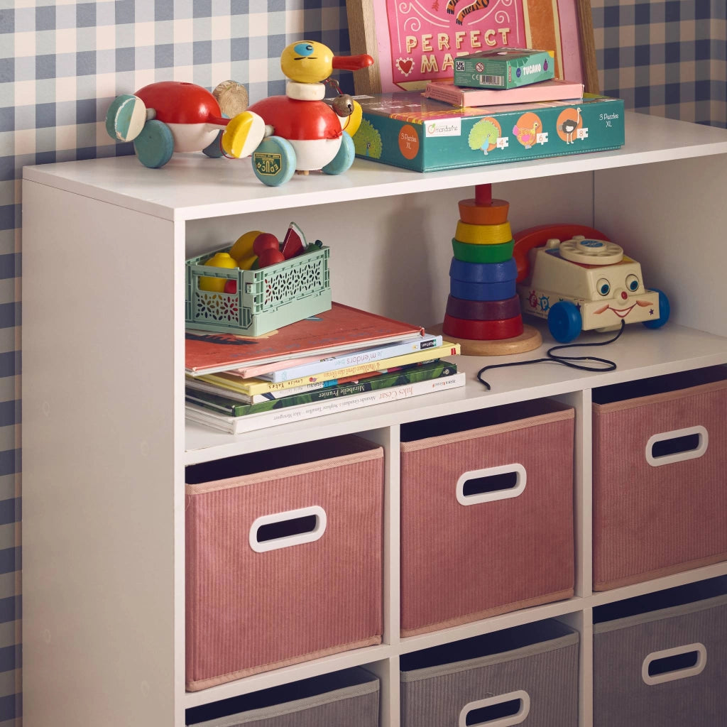 Libreria per bambini con 6 cestini in velluto, rosa