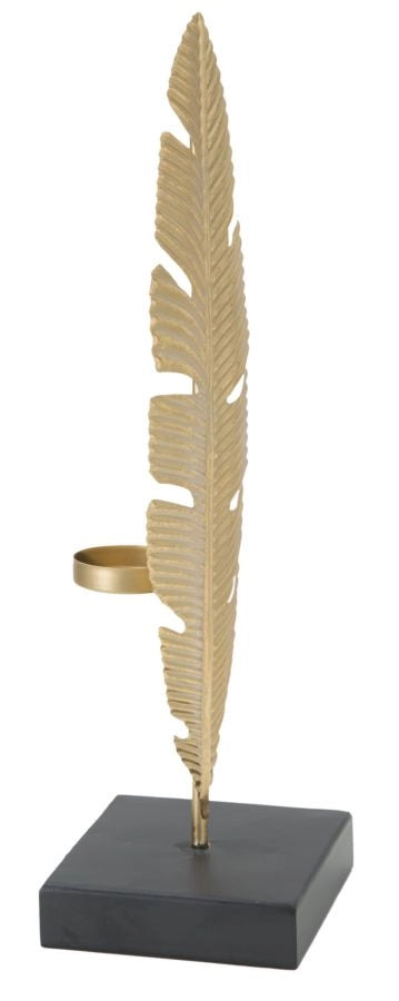 Scultura Foglia con Portacandele Glam 10x10x34 cm in Ferro Oro e Nero