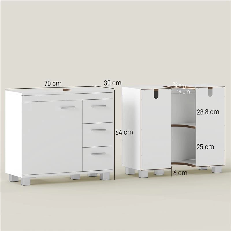 MOBILE SOTTOLAVABO BAGNO CON ARMADIETTO, RIPIANI E CASSETTI, BIANCO