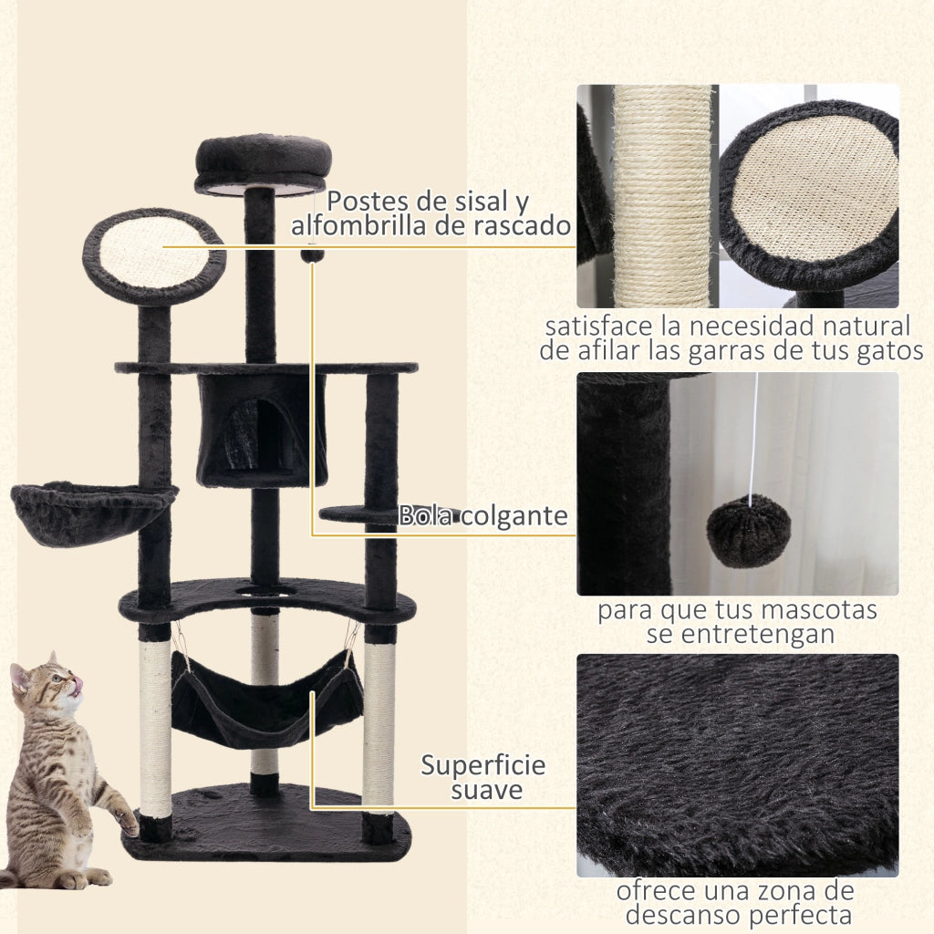 Torre per Gatti con Piattaforme Poste Amaca e Cueva ¨C Minimal ¨C Grigio Scuro 65x50x153 cm
