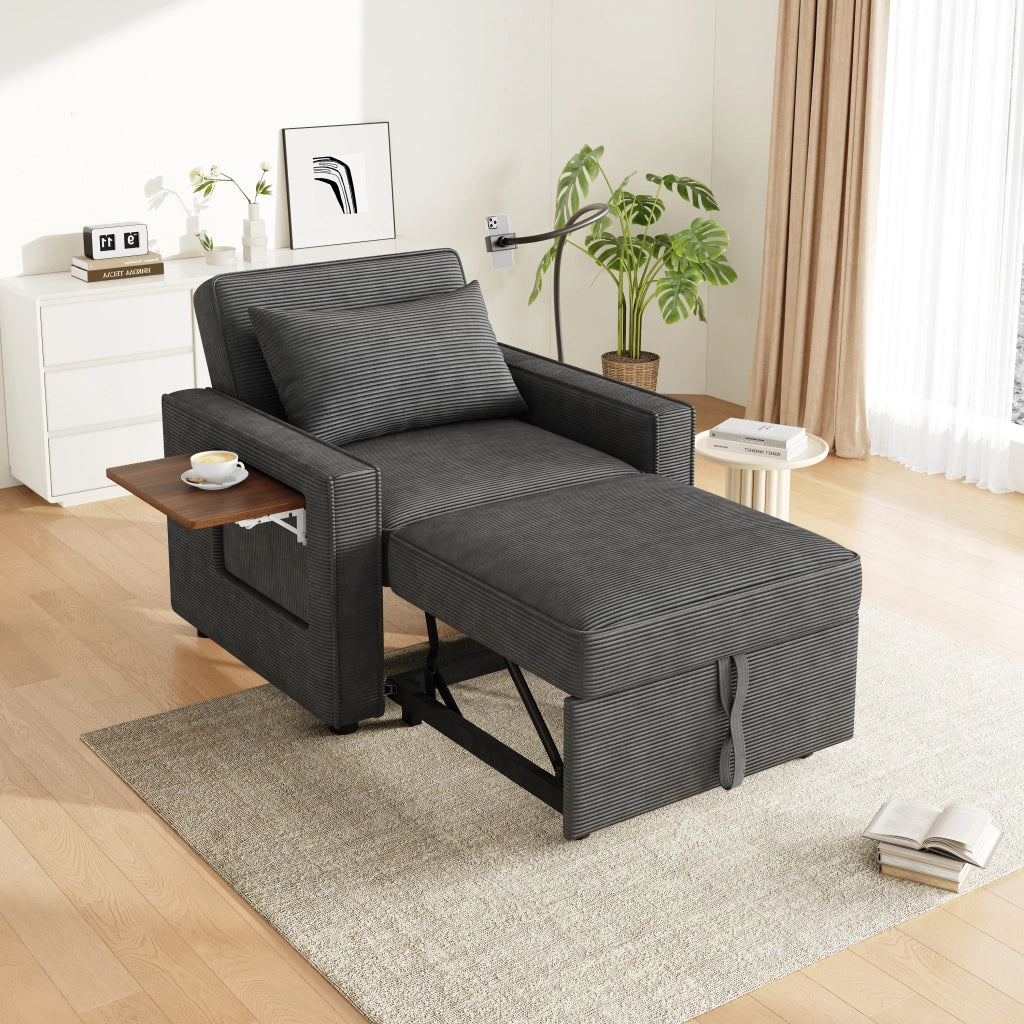 Poltrona Letto Pieghevole 1 Posto ¨C MINIMAL ¨C Tessuto Cord Grigio con Porta USB