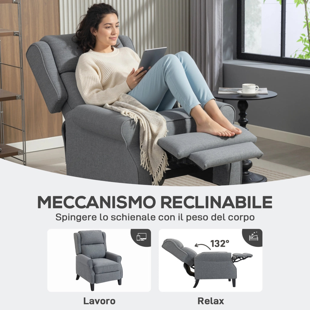 Poltrona Reclinabile 132° Max 74x84x102 cm in Tessuto Effetto Lino con Poggiapiedi Grigio