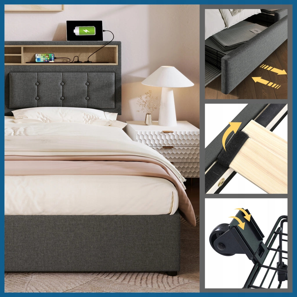 Letto imbottito 140x200 con 4 cassetti e USB - Xylo