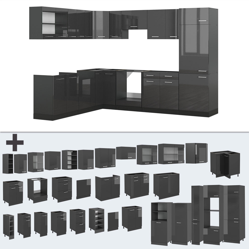 Cucina angolare completa R-Line Antracite lucido/Antracite 287 x 227 cm senza piano di lavoro Vicco