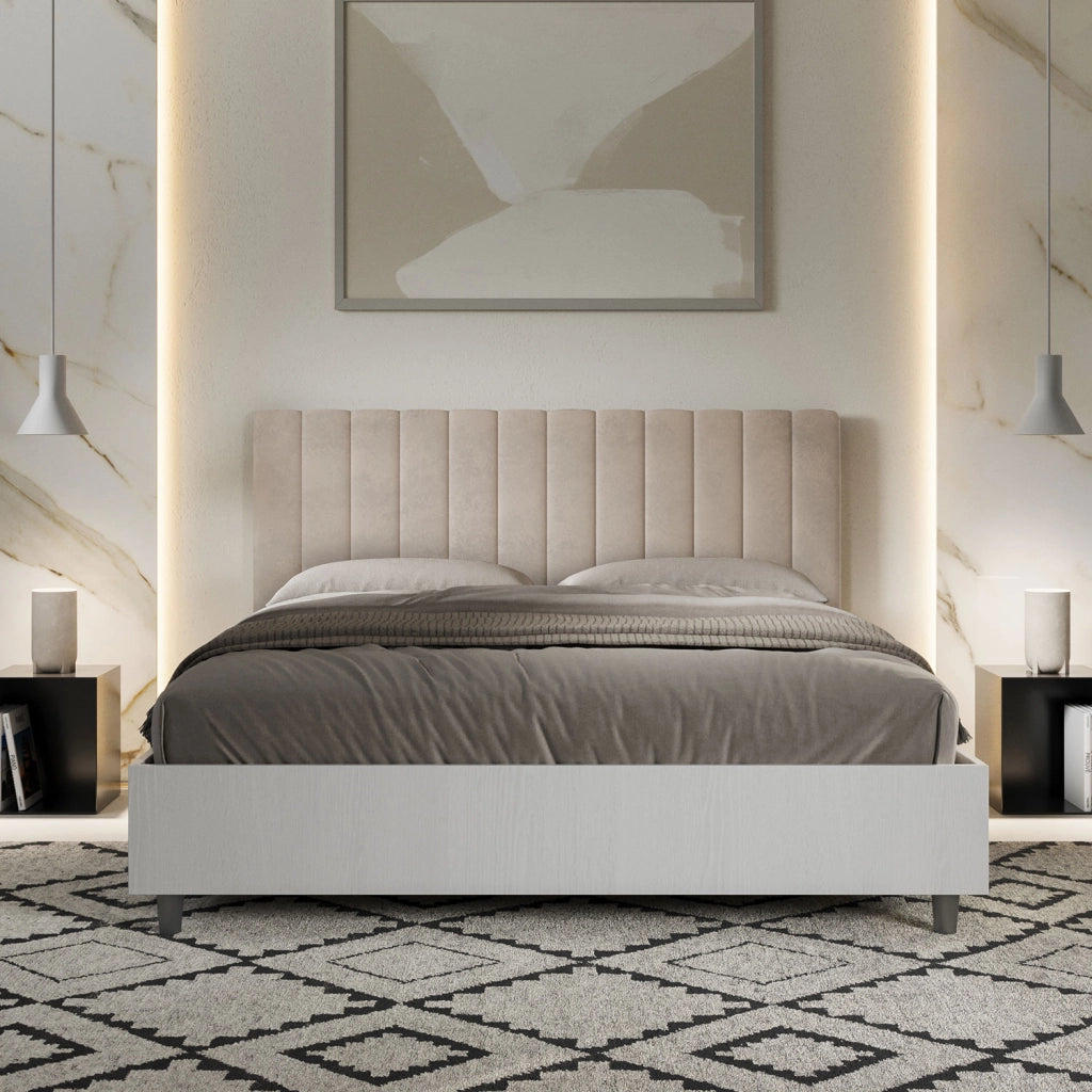 BS COM Letto matrimoniale con rete 160x190 bianco frassino testata microfibra sabbia