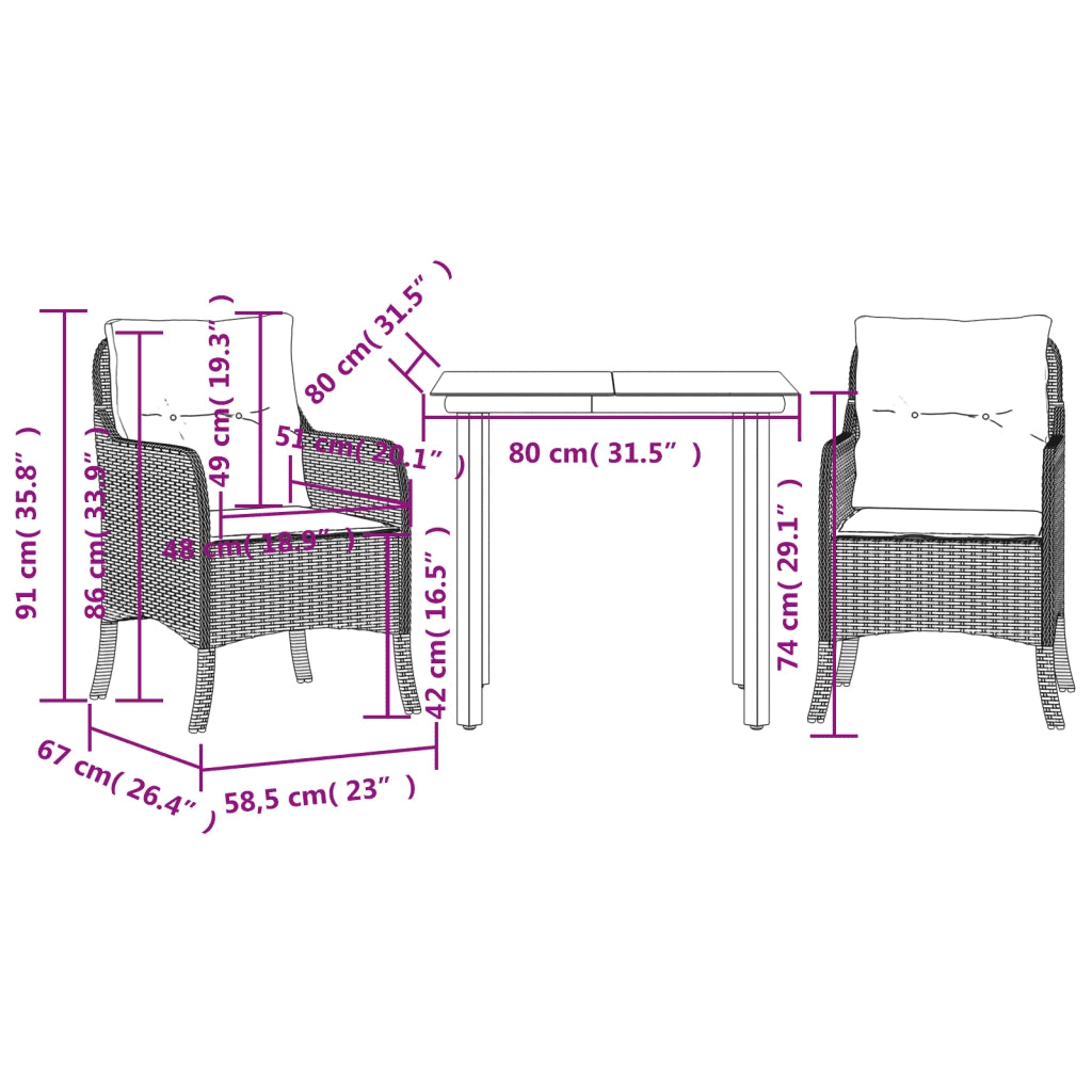 Set da Pranzo da Giardino 3pz con Cuscini in Polyrattan Marrone