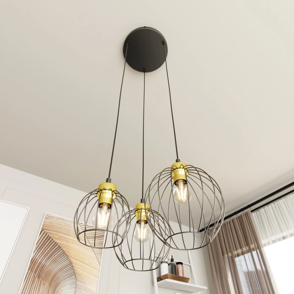 Lampada a sospensione loft tonda nero-oro 3xE27 Nando