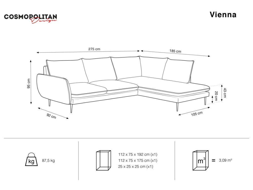 Cosmopolitan Design - Divano angolare destro "Vienna" 6 posti in velluto verde bottiglia 