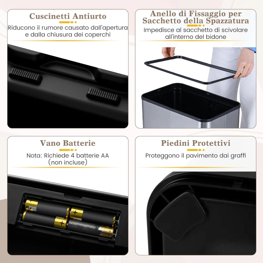 60L Cestino per Rifiuti con Coperchi a Ali, Pattumiera in Acciaio Inox Spazzolato con Sensore di Movimento a Infrarossi, Bidone Automatico per Camera da Letto, Bagno e Cucina (Argento)