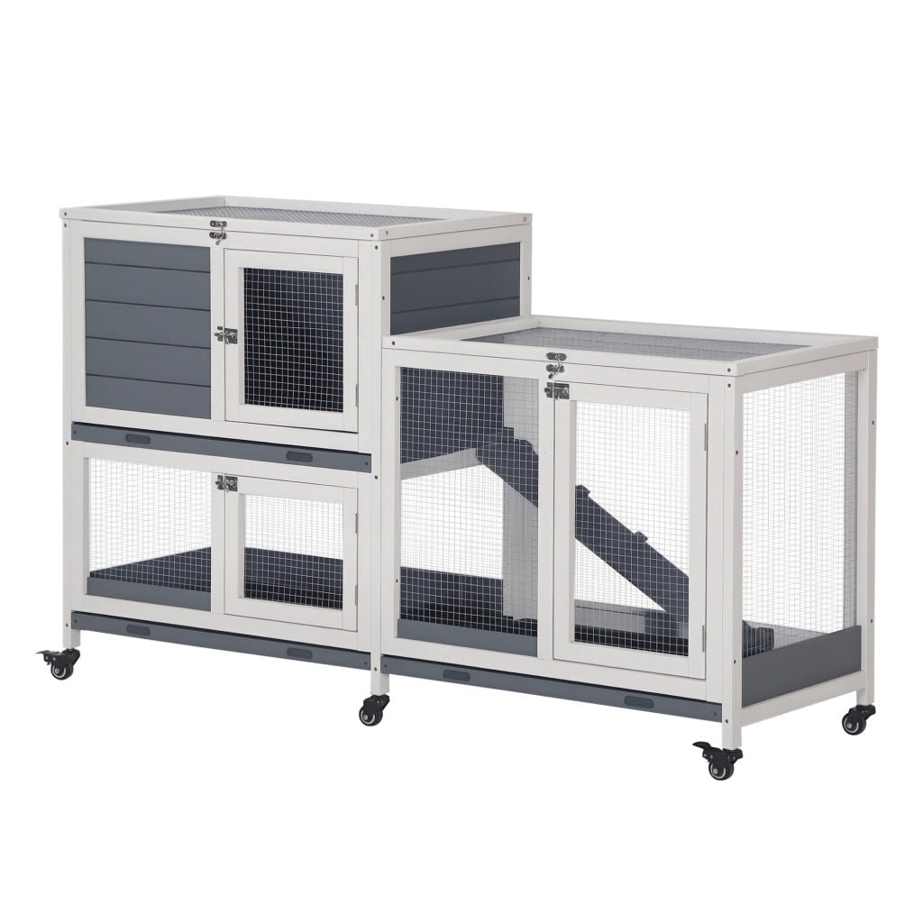 Gabbia per Conigli a 2 Livelli in Legno con Ruote ¨C Minimal ¨C 147x45,5x88,5 cm Grigio