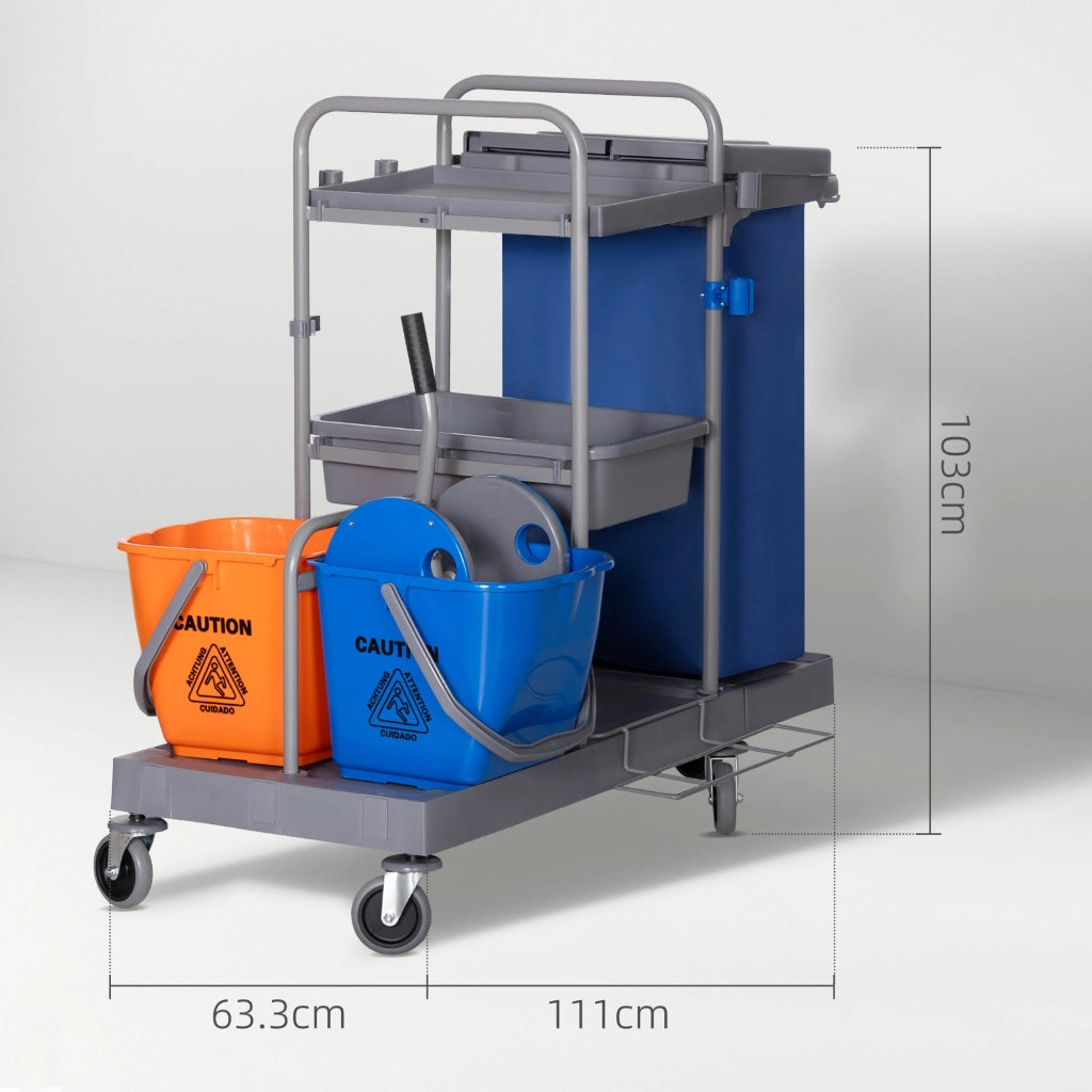Carrello Pulizie Professionale 2 Secchi con Strizzatore e 3 Ripiani Grigio Blu e Arancione