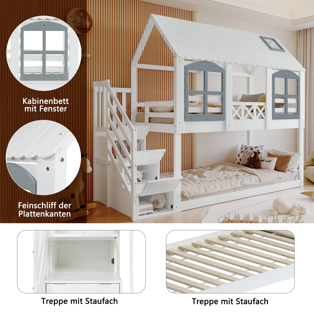 Letto a castello con protezione laterale in pino e MDF 90x200 cm