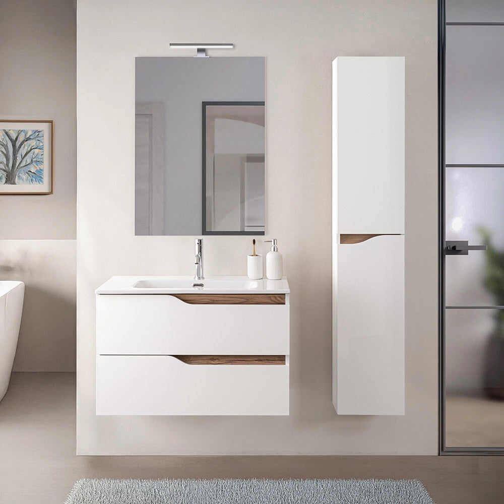 Mobile bagno sospeso 80cm bianco e quercia con pensile e lavabo Sumya
