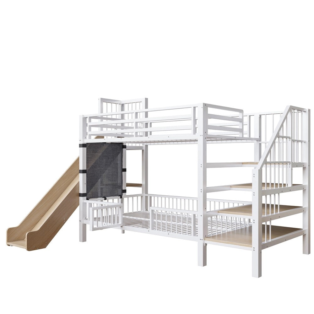 Letto a castello in metallo con scivolo e scala - Zephmum - 90x200 cm - Bianco - Con ripiani integrati e porta di sicurezza