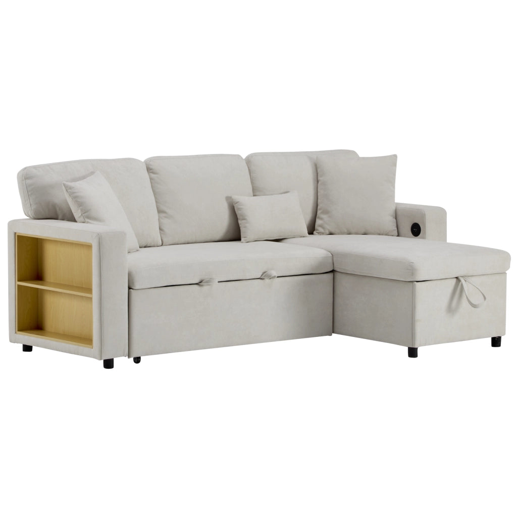 Divano letto angolare reversibile con USB e contenitore in flanella beige