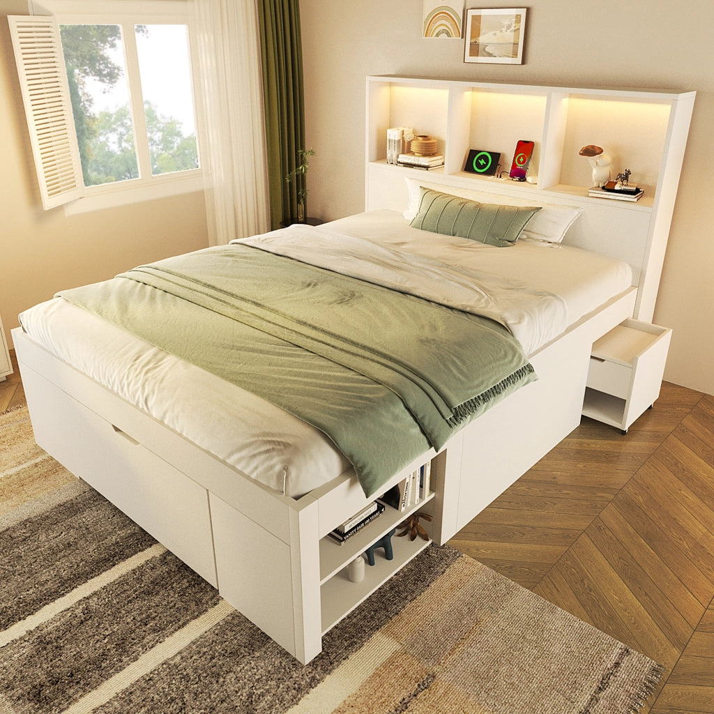 Letto Singolo con Cassetti e Comodino ¨C MINIMAL ¨C Bianco, Legno, LED, 90x200