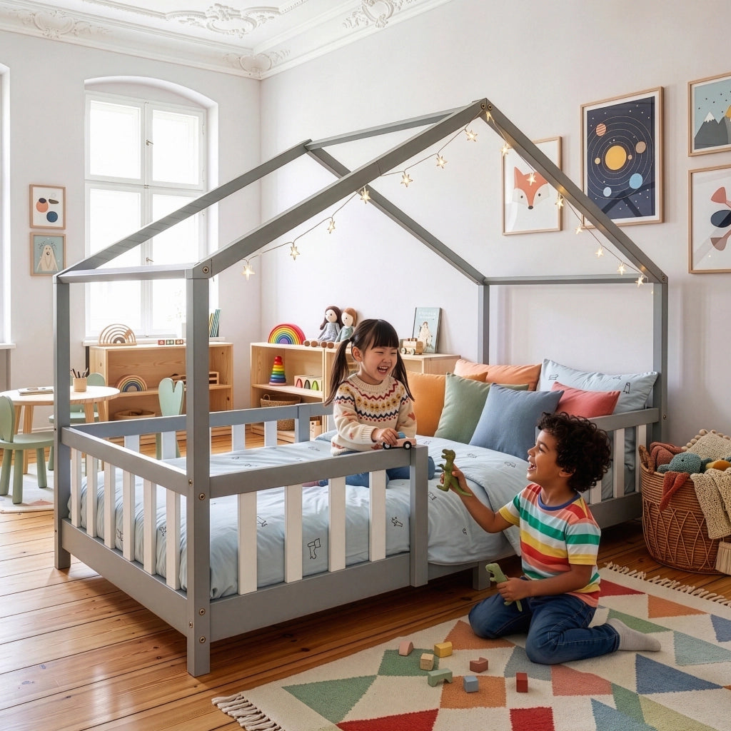 Letto per Cameretta Treviolo a Forma di Casetta in Stile Montessori 90x200 cm Grigio Chiaro/Bianco [en.casa]
