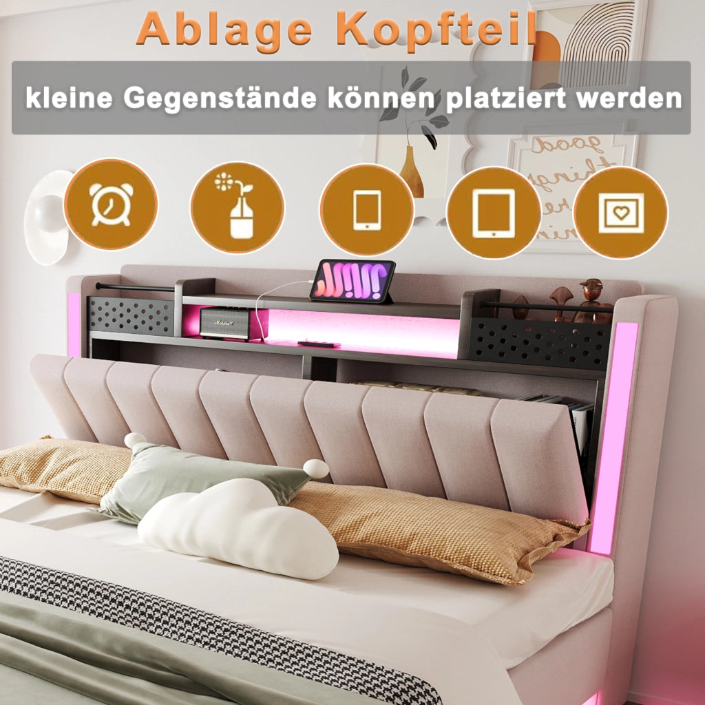 Letto imbottito – 160x200 cm – LED USB testiera contenitore – lino beige