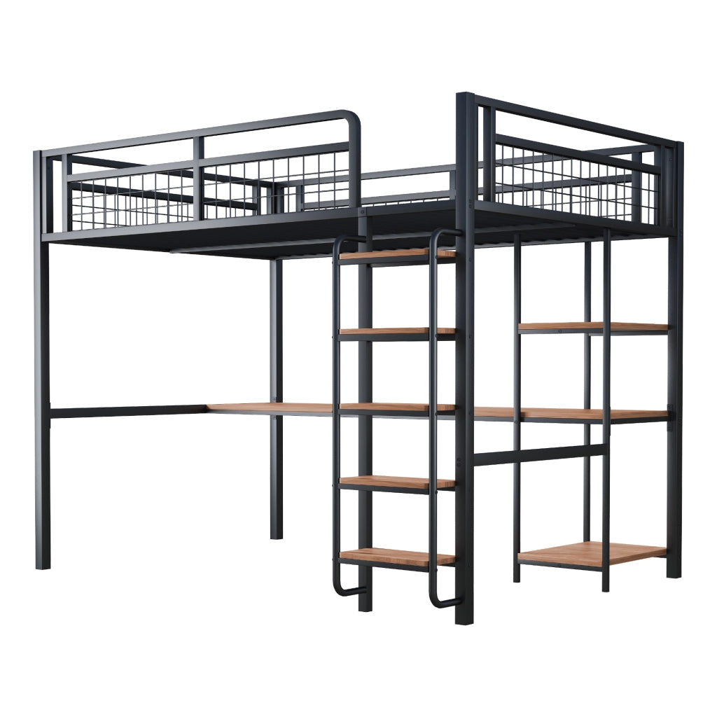 LETTO A CASTELLO 140x200 cm in metallo nero con tavolo e ripiani