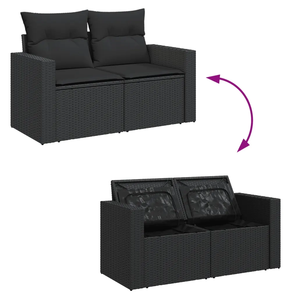 Divano da giardino con cuscini 2 Posti-Sofa da Giardino-Divano da esterno nero in polyrattan 407654