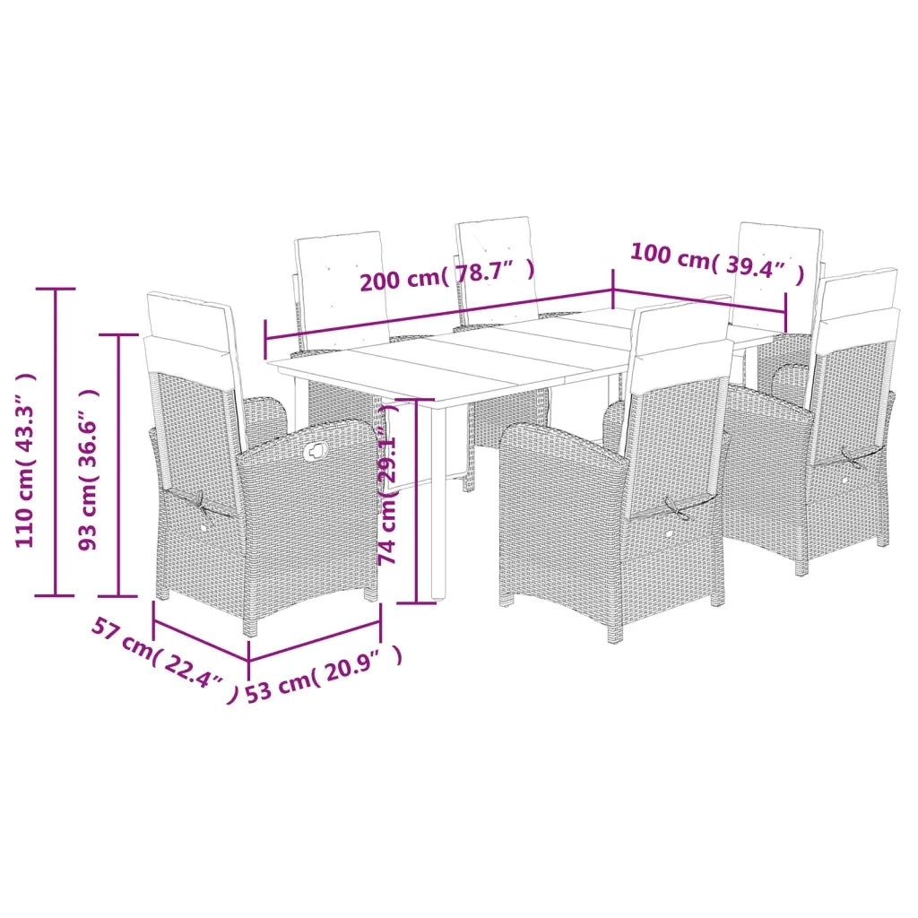 Set da Pranzo da Giardino 7 pz Nero con Cuscini in Polyrattan 3212540