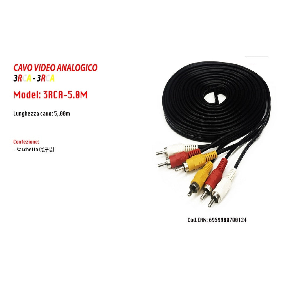 Trade Shop - Cavo Audio Video Analogico Prolunga Da 5 Metri 3 Rca-3rca Maschio Maschio -